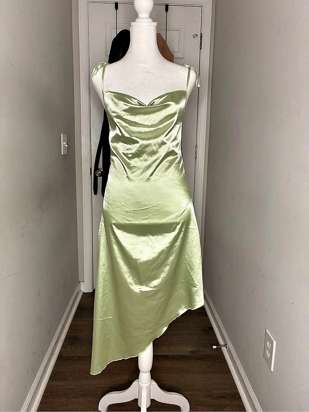 Lulus Aernah Olive Satin Cowl Tie-Back Slip Maxi Dress Midi Dress in Green